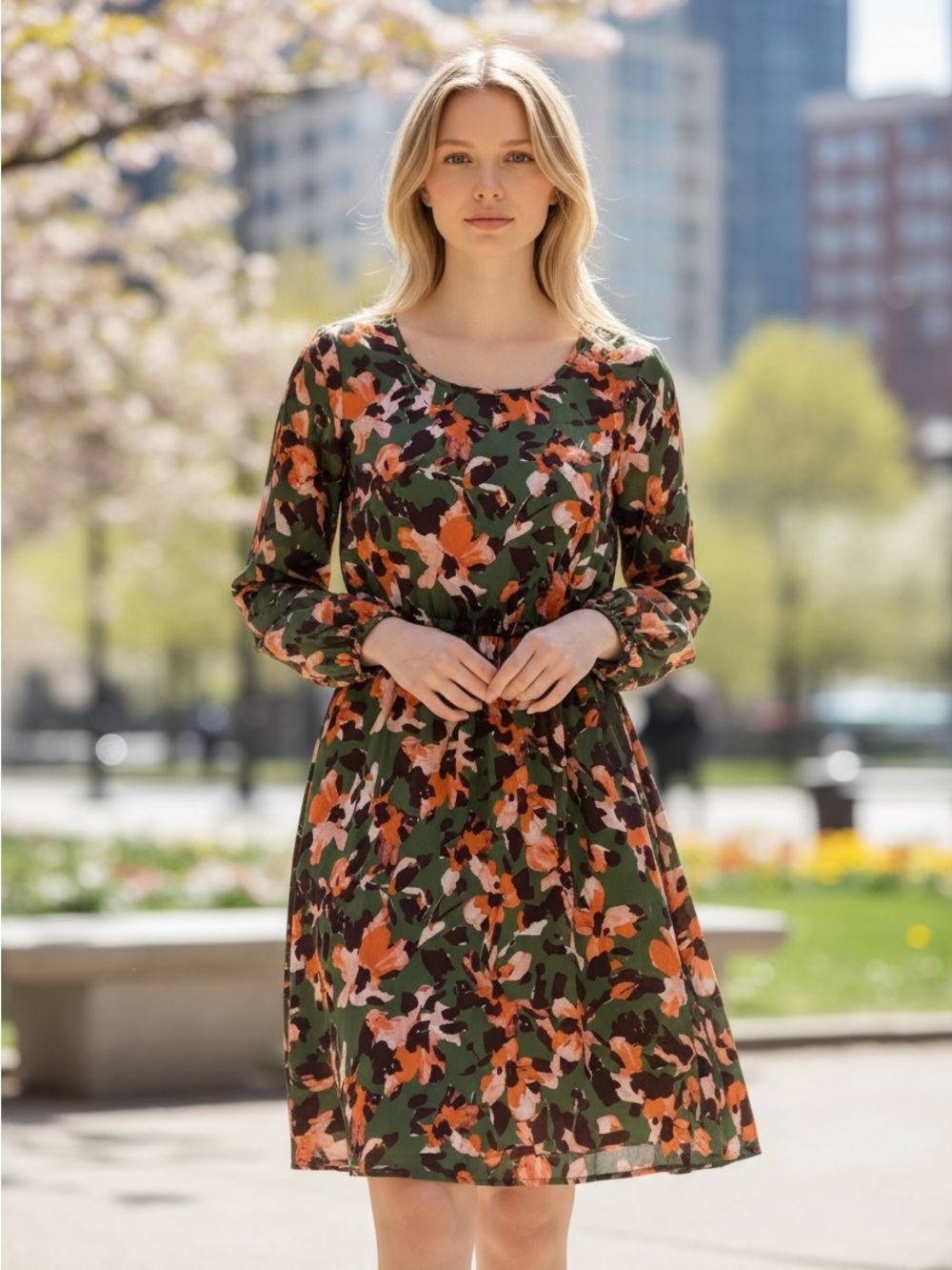 J. Crew Olive Green Floral Print Dress with Coral & Pink Blooms